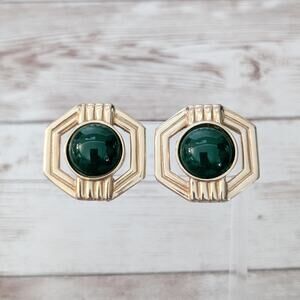 Vintage Donald Stannard Clip On Earrings Gold Tone & Green Statement